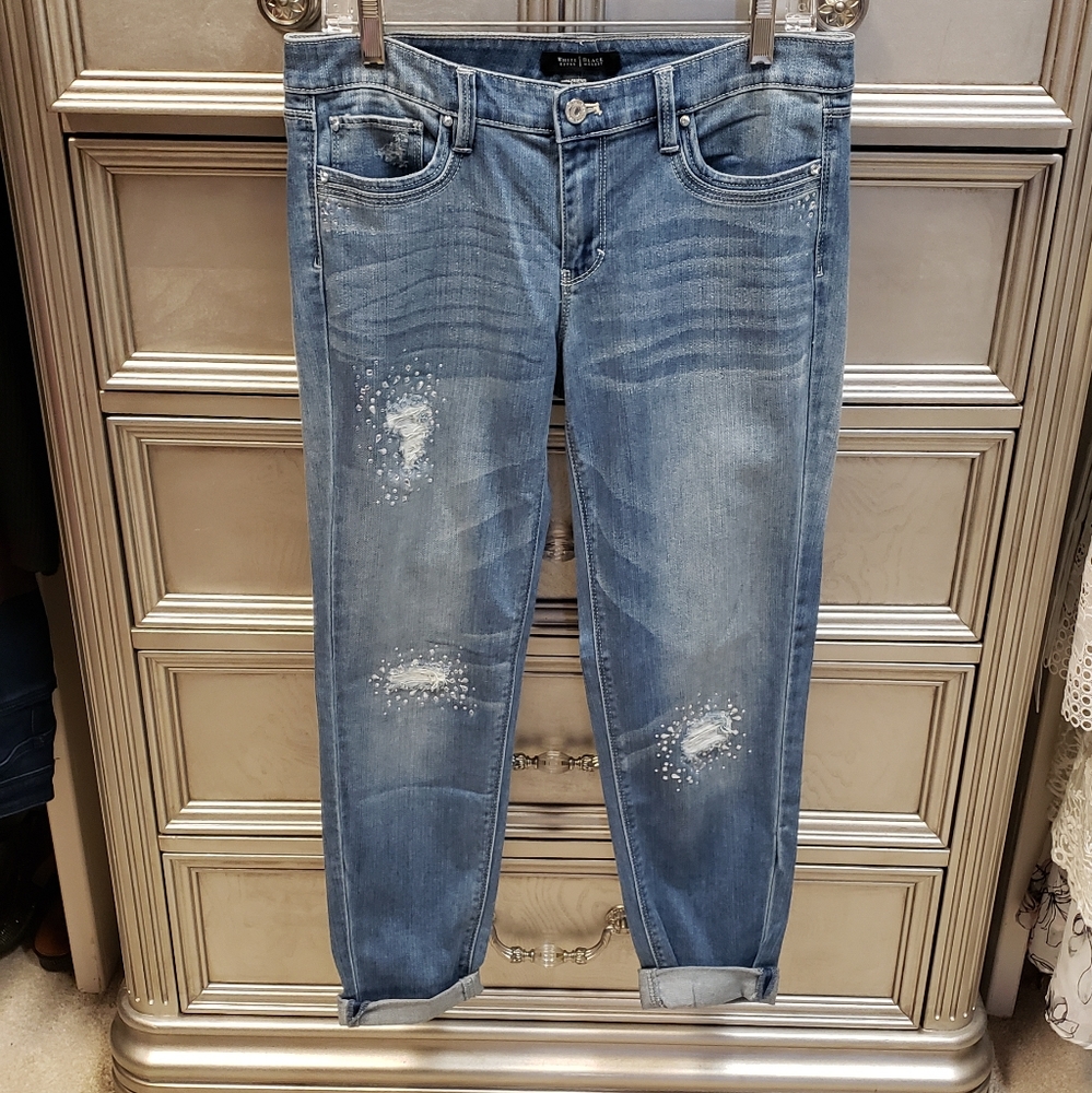 WHBM Rhinestone Distressed Girlfriend Jeans